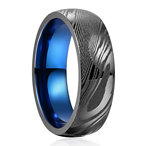 VAKKI 8mm Bague en Acier Damas Bague en Tungstène Noir + Blaue Homme/Femme pour Mariage Fiançailles Tailles 54 (17.2)