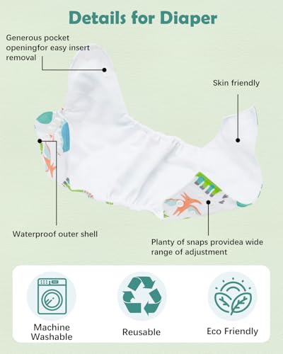 image for babygoal Dinosaur Cloth Diapers Pack of 13, Baby Reusable Washable Poc