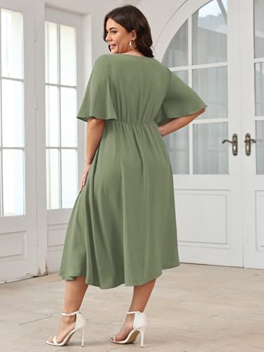 Image of SCOMCHIC Women Plus Size Midi Dresses Wedding Guest Short Sleeve V Neck Tie Waist Casual Summer Flowy A Line Dress