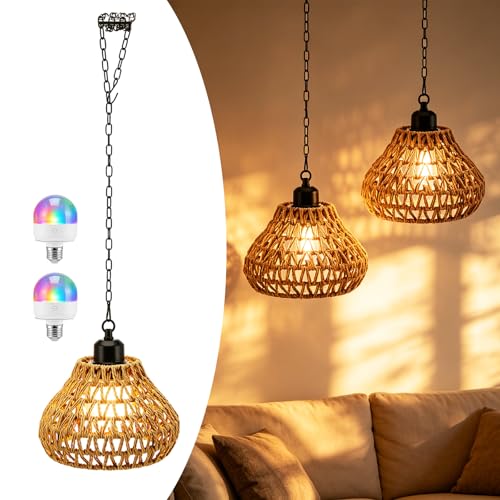 Image of Battery Powered Outdoor Pendant Light, 2Pack Rattan Pendant Lamps Outdoor