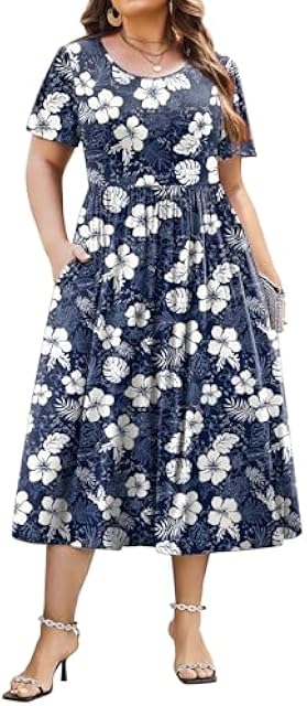 Women Plus Size Short Sleeve Dress Loose Summer Casual A-Line Flowy Midi Dresses with Pockets