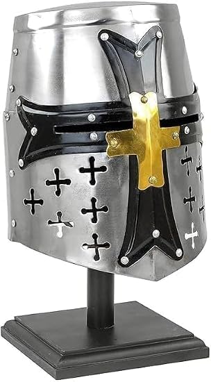 Medieval Templar Crusader Knight Armor Helmet with Cross | Greek Roman Spartan Armour Accessories | Silver Gold Helm A+ |Wearable for Adult Costumes SCA LARP