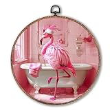 Hxlac Pink Flamingo Bathroom Round Wall Art Framed, Girly Bathroom Round Wall Decor, Tropical Animal Flamingo Hanging Canvas Prints Wall Sculptures for Girls Dorm Bath Room Washroom, 10x10 Inch