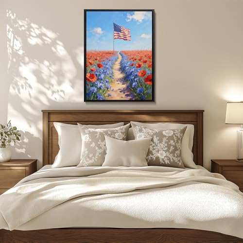 Image of American Flag Framed Canvas Wall Art, 4th of July Floral Canvas Prints, Wildflower Field Landscape Patriotic Decorations, Vintage Rustic Independence Day Wall Decor for Bedroom Living Room 12x16