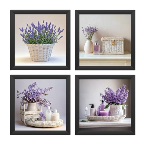 Kit 4 quadros 18x18 cm, moldura e vidro, banheiro, lavabo, flores lilás, (Preto)
