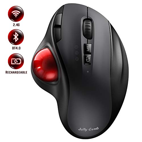 Bluetooth Trackball Mouse, Jelly Comb 2.4G USB Wireless & Bluetooth Ergonomic Trackball Mice Rechargeable with USB-C Port and 3 DPI for Mac Computer Laptop Tablet Android Windows
