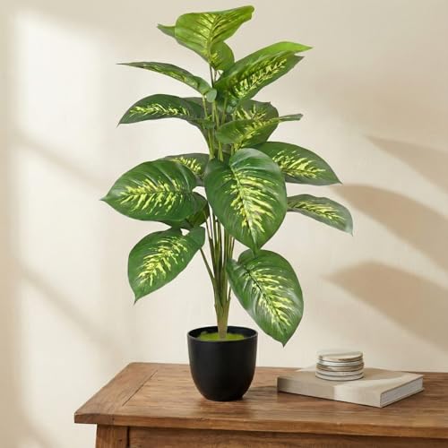 Image of Dekorly Artificial Palm Tree - Large Fake Tropical Floor Plant, Realistic Plastic Greenery for Indoor Home, Office, Living Room & Corner Decor (Dieffenbachia)