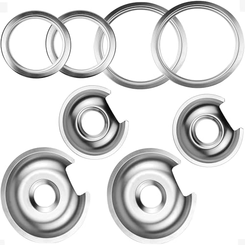WB32X10012 WB32X10013 Chrome Stove Burner Drip Pan Set with WB31X5013 WB31X5014 Burner Rings by Fetechmate, 2 x 6' & 2 x 8' Stove Drip Pans Compatible with G-E, Hot-point Stove - 1 Year
