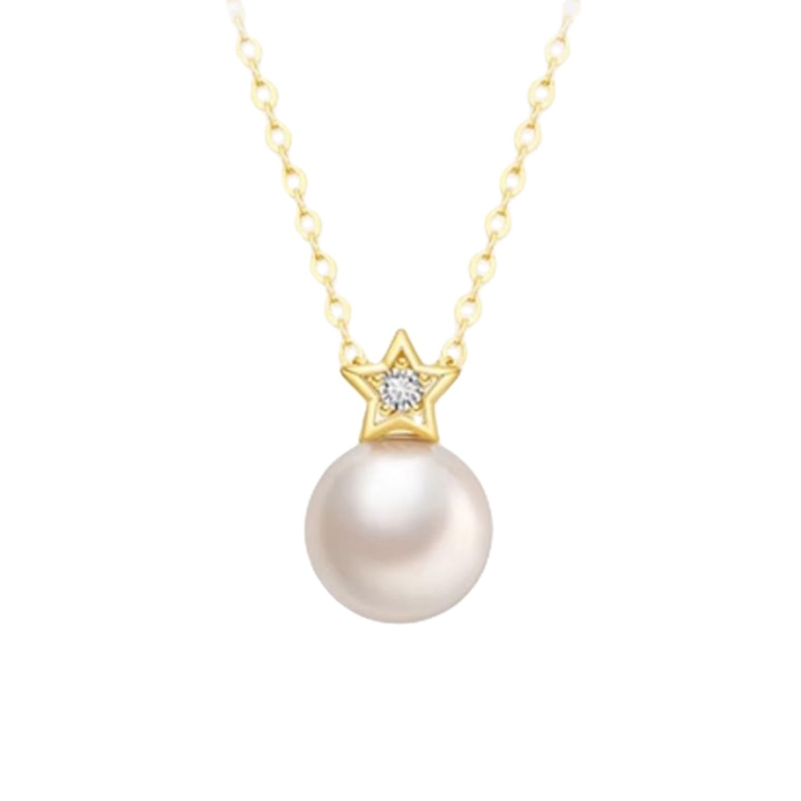 Collar de perlas de oro amarillo de 9 K/14 K/18 K, elegante collar con colgante de estrella de agua salada de 7-7,5 mm y diamante de 0,01 quilates para mujer, oro real