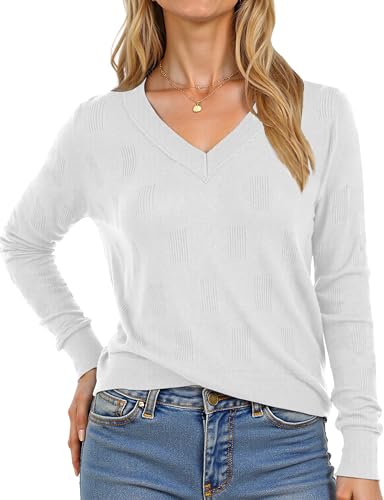 Image of Buauty Womens Fashion V Neck Long Sleeve Knitted Ribbed Pullover Sweaters Casual Lightweight Loose Fit Jumper Tops