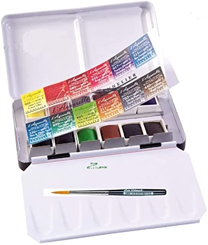 Sennelier Extrafeiner Aquarellfarbe, Aquarell Malkasten, Metallkasten, 12 x 1/2 Näpfchen Made in France und Da Vinci XS Synthetic Brush Travel (Sennelier FRANCE) Cover
