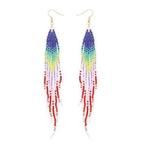 SHINUS BOHO Festive Funky Dangle Beaded Earrings for Women Dangling Trendy,Bohemian Handmade Fringe Seed Beads Prom Birthday Jewelry Gift.
