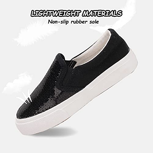 Toandon Toddler Girls Canvas Loafer Shoes Slip On Sneakers Boys Kids Sequins Glimmer Glitter Sparkle Low Top Non Slip Rubber Sole Lightweight Breathable Walking Outdoor Fashion Casual Black Size 2 #TOP4