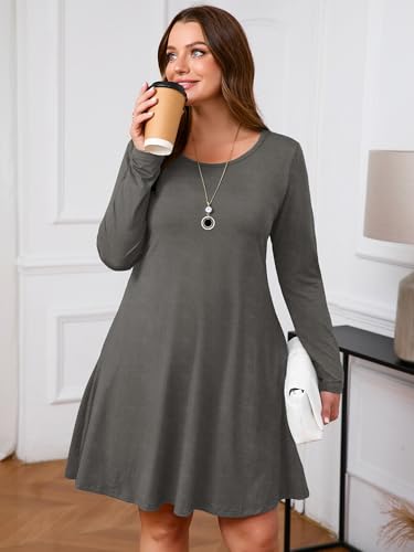 Image of AusLook Women's Plus Midi Dress Long Sleeve Crew Neck A-Line Swing Flowy Vacation Fall Wedding Guest Dresses with Pocket 1-5X