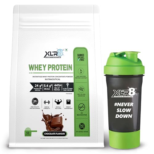 Image of XLR8 Whey Protein Powder with 24 g Protein Content & 5.4 g BCAA, With Shaker (1814 g (Pack of 1), Chocolate)