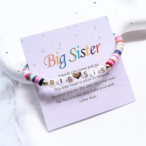 Image of Big Sister Gifts For Little, Pastel Rainbow Heart Rainbow Ball Big Little Sister Bracelet Announcement, Birthday Jewelry