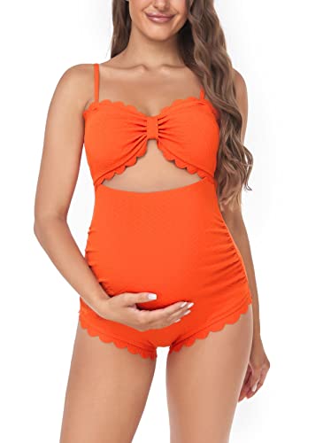 EastElegant Traje de baño de maternidad de una pieza con abertura en la espalda, bikini festoneado para embarazadas, Naranja, M