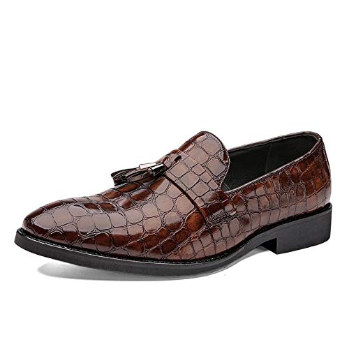 Mens Loafers Pointed Toe PU Leather Block Pattern with Tassel Loafer Shoes Anti-Slip Comfortable Slip Resistant Wedding Slip-on