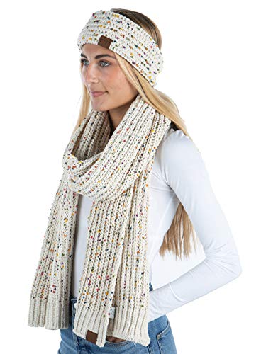 Funky Junque Cable Knit Fuzzy Lined Headwrap With Matching Infinity Scarf: Chenille Confetti - Oatmeal #TOP2