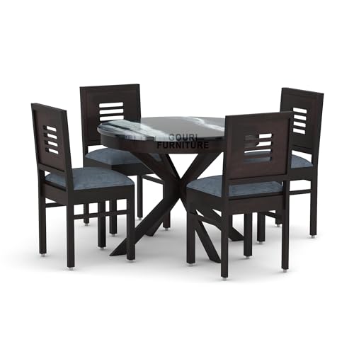 Image of Solid Wood 4 Seater Round Dining Table Set with Epoxy Resin Top Finish, Includes 4 Cushioned Chairs, Walnut Finish - Ideal for Home, Hotel & Restaurant - DIY Self Assembly