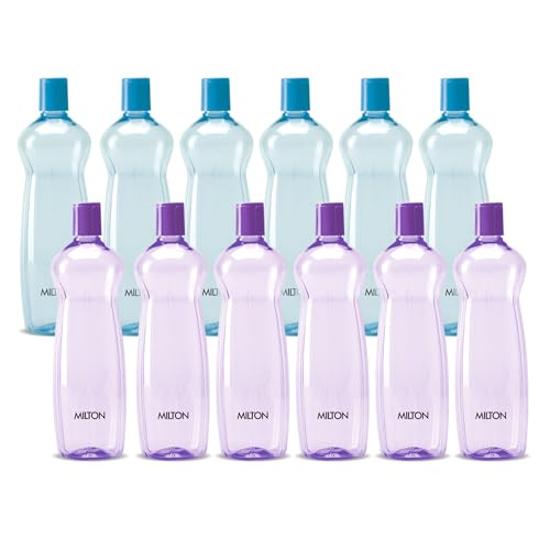 MILTON Pacific 1000 Water Bottle 1 Litre each, set of 12, Purple and Sky Blue I PET Food Grade I BPA Free, Leak Proof I Wide Mouth, Easy To Clean I Fr