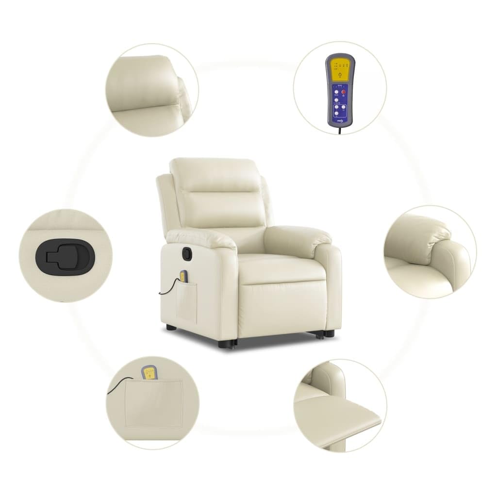 Sillón elevador reclinable con masaje de 6 puntos y función de elevación eléctrica, de piel sintética, color crema, respaldo ajustable manualmente y estructura estable
