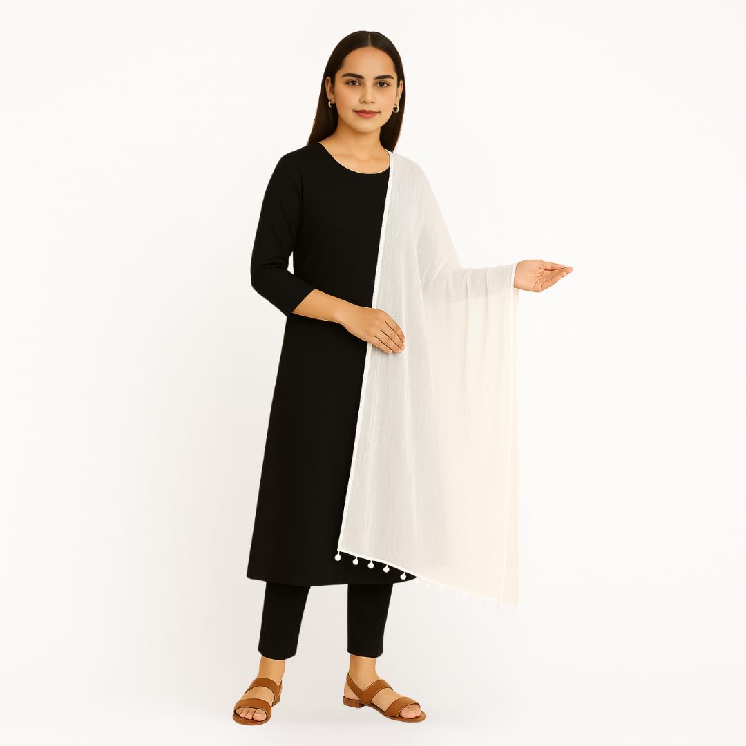 VinodRatna Women Pure Solid Cotton Dupatta With Pom Pom Border 2.25m (White, 2.25m) - Image 4 thumbnail
