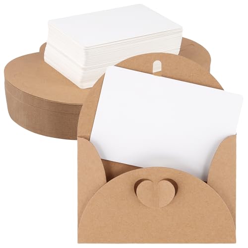 Lot de 100 mini enveloppes en papier kraft marron avec cartes vierges et fermoir cœur