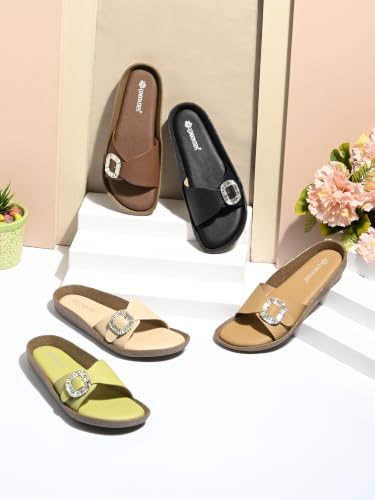 Image of Women Fashion Cross Strap Sliders with Crystal Buckle | Stylish Casual Slip-On Sandals for Women | Lightweight Comfort Slides Everyday Wear