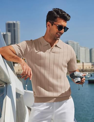 Image of COOFANDY Mens Polo Shirts Short Sleeve V Neck Knit Shirts for Men Casual Old Money Clothes Mens Golf Shirt