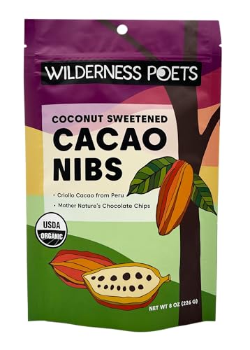 Wilderness Poets, Organic Cacao Nibs (Sweetened with Coconut Nectar) - 100% Peruvian Heirloom (Criollo Variety) - 8 Ounce - 227g