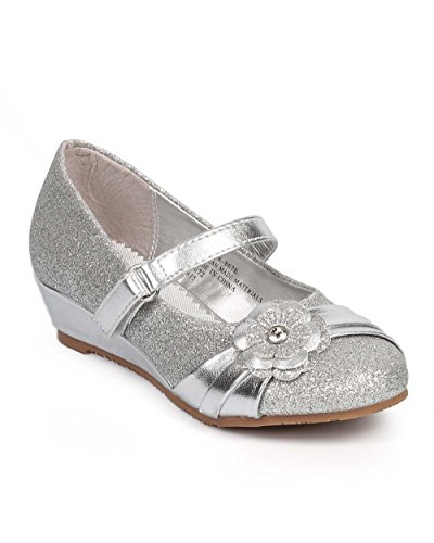 Mix Media Glitter Flower Wedge Pump (Toddler/Little Girl/Big Girl) DC35 - Silver
