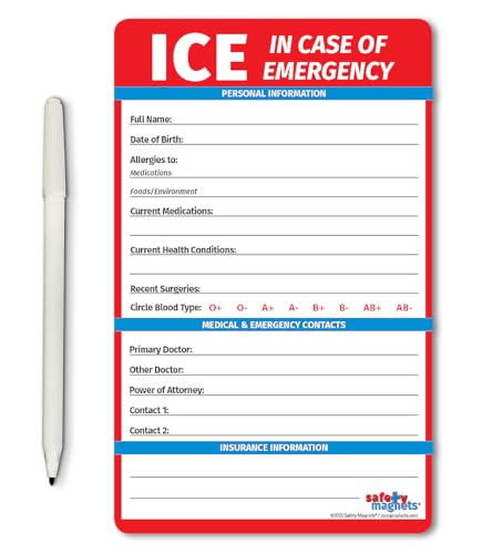 Safety Magnets by ZOCO – in Case of Emergency (ICE) Contact Magnet for Seniors – File of Life Medical Information Card for Fridge – 5.25"x8.5" Laminated Emergency Reference with Marker