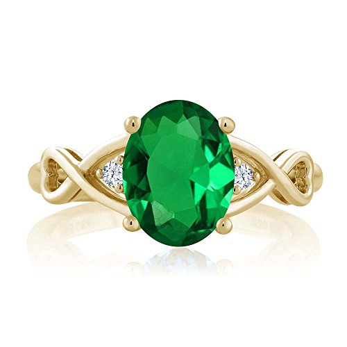 Gem Stone King 1.55 Cttw 18K Yellow Gold Plated Silver Green Simulated Emerald and White Topaz Ring For Women | Oval 9X7MM | Available in size 5, 6, 7, 8, 93