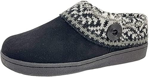 Clarks Womens Suede Leather Comfort Clog Knitted Collar Slipper - Plush Faux Fur Trim - Indoor Outdoor House Slippers For Women (8 M US, Black/Grey Multi)