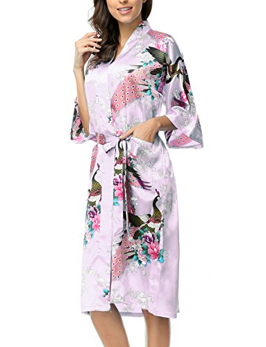 CHENXI Womens Silk Satin Kimono Robes Long Sleepwear Dressing Gown Printed Pattern (Lavender, XXX-Large)