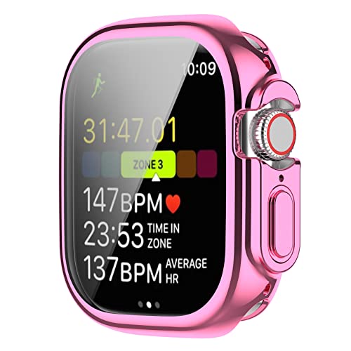 LIJINLAN for Apple Watch Ultra 49mm Case with Screen Protector, Anti-Fog Tempered Glass Protective Film and Hard PC Bumper Case Cover for Apple Watch Ultra 49mm Accessories (Pink)