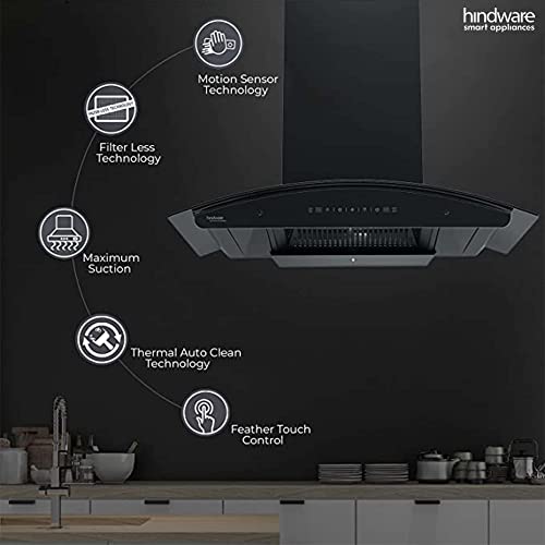 Image of Hindware Nadia 90 cm 1350 m /hr Stylish Filterless Auto-Clean Kitchen Chimney with Oil Collector, Motion Sensor & Touch Control For Easy Operation (Curved Glass, Black)