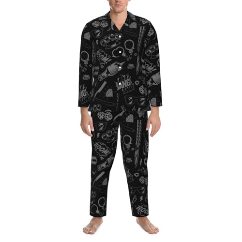 Black And Grey Barbershop Icon Mens Pajamas Set Button Down Sleepwear Set Long Sleeve Loungewear With Pockets