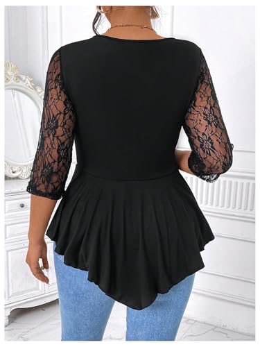 GORGLITTER Women's Plus Size Peplum Tops Sheer Mesh Lace Patchwork Tops Asymmetrical 3/4 Sleeve Crew Neck Tees Shirt2