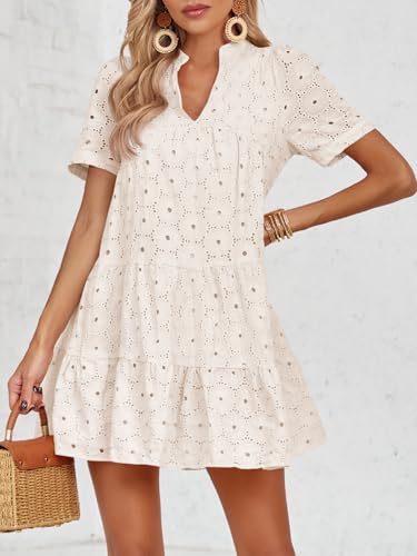 Image of Imily Bela Womens Summer Lace Dresses Eyelet Casual Flowy Babydoll Swing Short Sleeve V Neck Tunic Dress