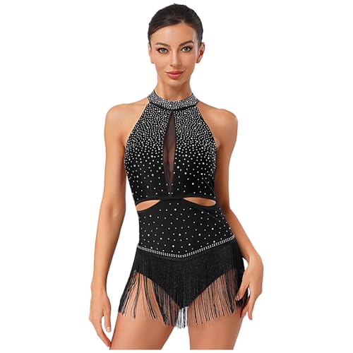 inlzdz Damen Latein Tanzkleid mit Fransen Glitzer Tanzkanzug Trikot Body Ärmellos Rückenfrei Swing Cha-Cha Rumba Samba Jazz Tanzkostüm Ballroom...