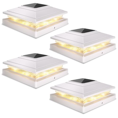 Post Cap Lights Outdoor 4pack, Waterproof Fence Post Solar Lights for 4x4 5x5 6x6 Wood/Vinyl Posts, White Solar Deck Post Lights with 2 Color Modes Decorate Garden Patio Porch Backyard