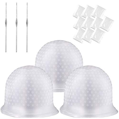 WXJ13 3 Sets Silicone Highlight Cap with Metal Hooks and 10 Pieces Disposable Hair Dye Shawl Professional Salon Silicone Hairdressing Tools