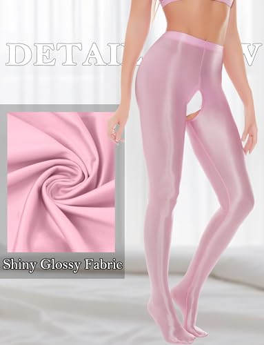 Image of FEOYA Women's Open Crotch Oil Shiny Pantyhose High Waist Control Top Silky Oily Crotchless Footed Tights Stockings