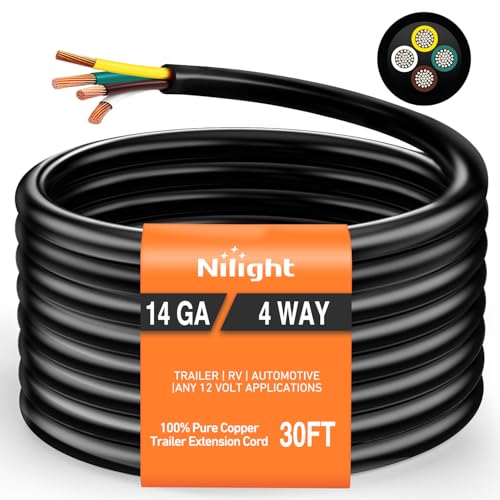 Image of Nilight 30 Feet 4 Way Trailer Wire Extension Cable 14 Gauge 4 Conductor 100% Pure Copper Insulated Heavy Duty Weatherproof for 4 Pin Blade RV Automotive