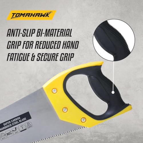Image of TOMAHAWK Heavy-Duty Hand Saw 18 Inch | High-Carbon Steel Blade | Non-Slip Bi-Material Grip | Wood Cutting Saw for Carpentry, Tree Branches, DIY & Construction | Hand Saw For Wood Cutting