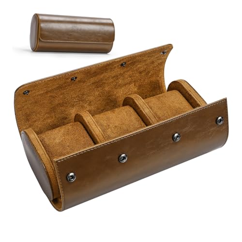 MUCKLILY 1Pc Round Watch Organizer Slots Portable Watch Box Made of Elastic PU Stylish and Durable Jewelry Storage Case for Home Travel Use