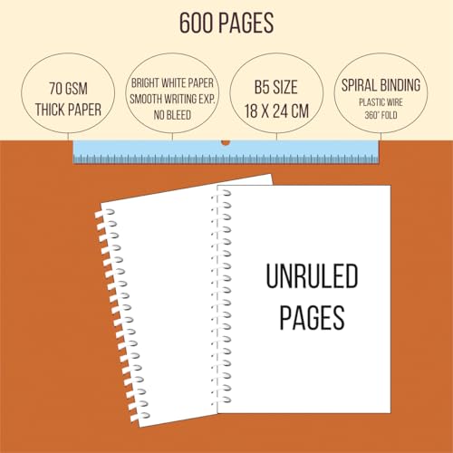 Image of amblitz Spiral Notebook | 18 X 24 CM | B5 Size | School /College Students's Choice for Note Making | 70 GSM Thick White Paper | Diary Size | Personal & Office Use | (600 Pages, UNRULED Notebook)