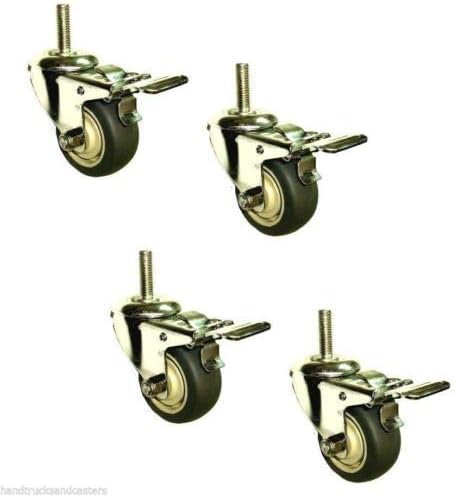 Set of 4 Stainless Steel Swivel Stem Caster with 3" Gray Rubber Wheel and Brake